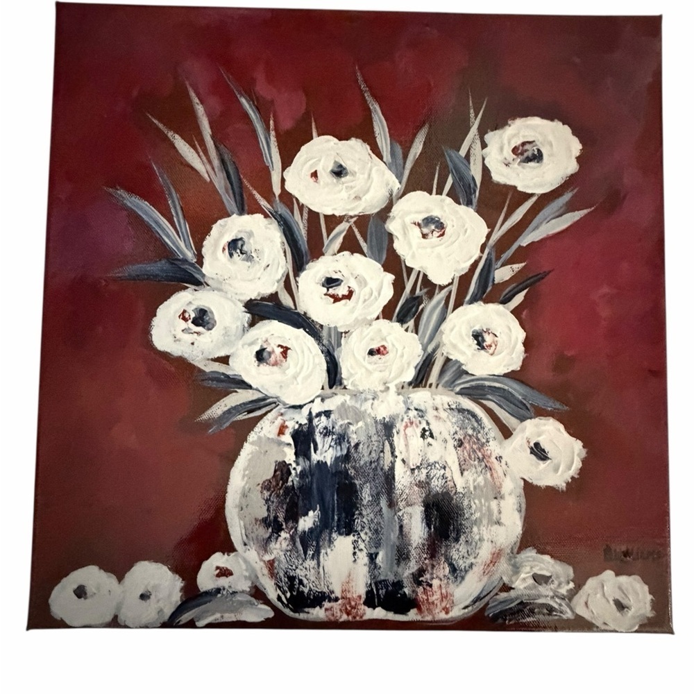 Original Artwork Acrylic’s On Canvas Floral Pink. Gray and White Blooms 14 x 14"